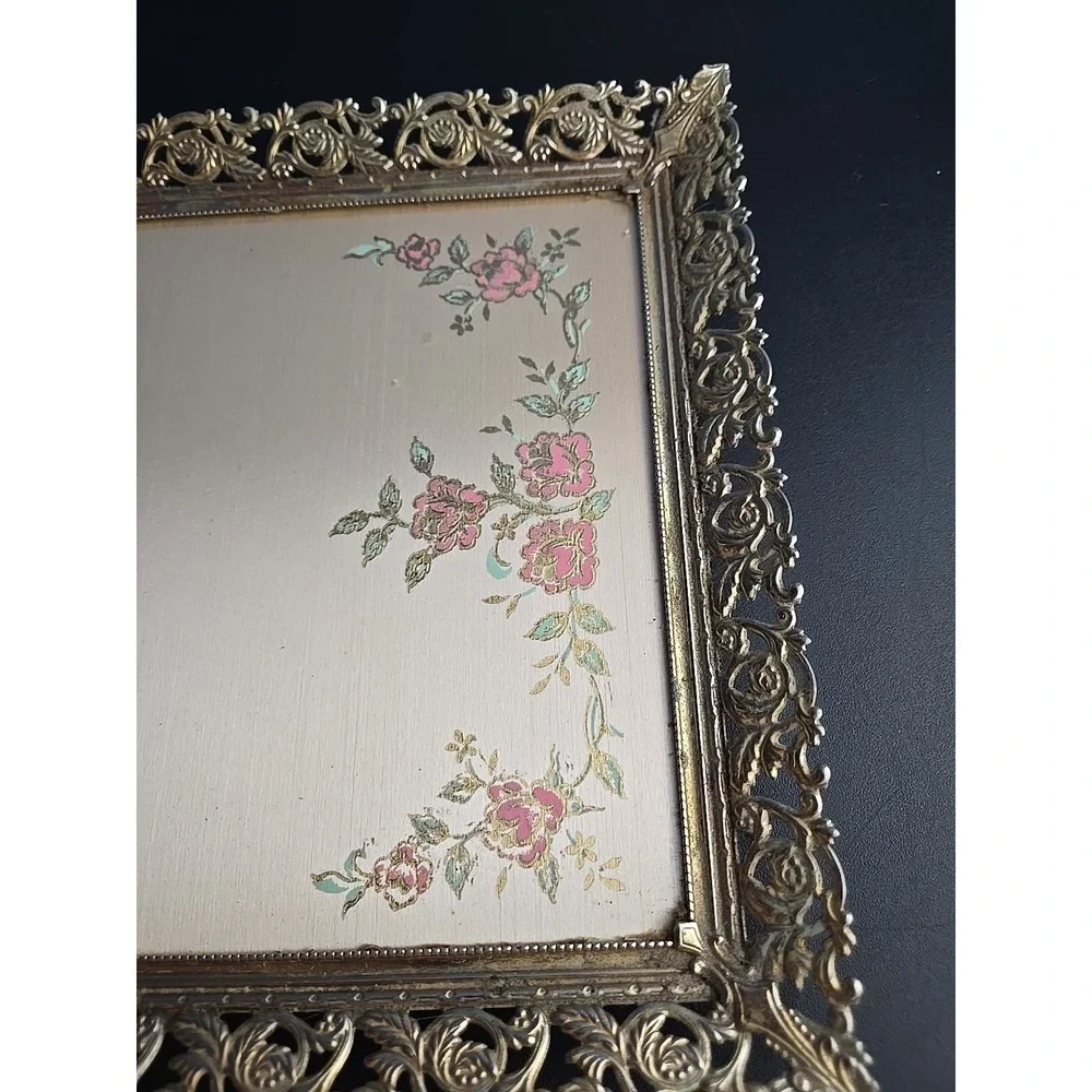 VTG Hollywood Regency Gold Tone Glass Rectangle Vanity Tray Filigree 14.5 x 9.5